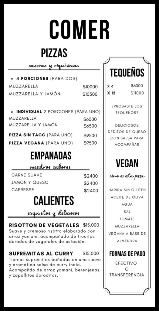 Comida Menu Stand Up Club Argentina