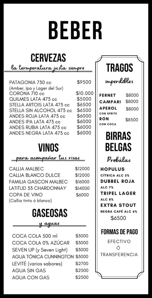 Inicio 15 Bebidas - Menú Stand Up club