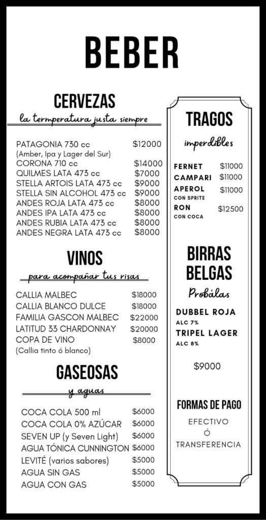 Menú Bebida Stand Up Club