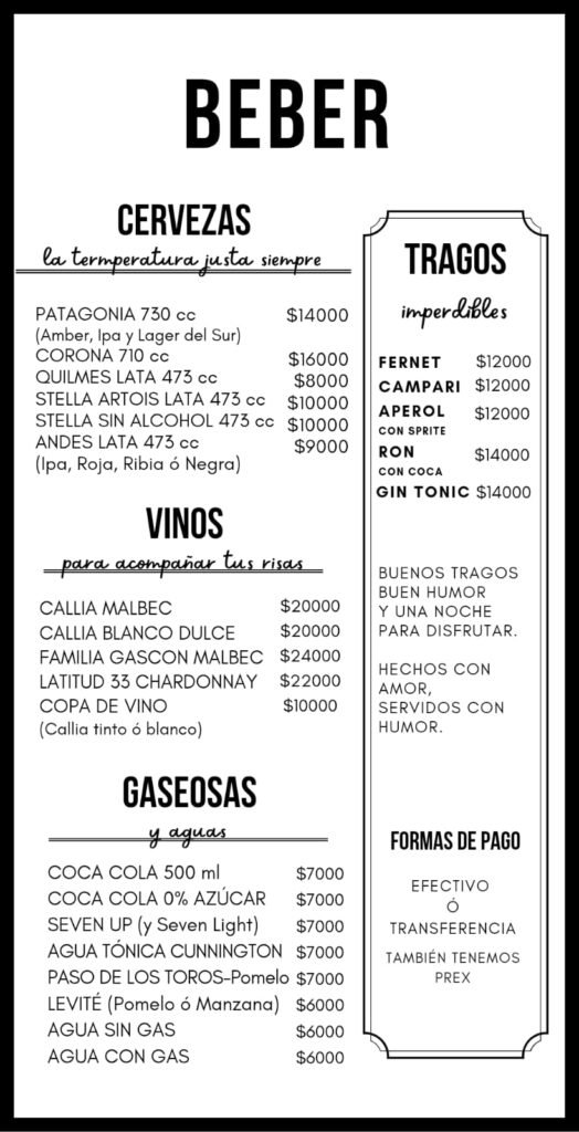 Menú Bebidas - Stand Up Club